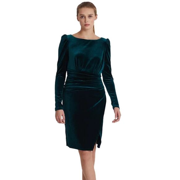 LAUREN RALPH LAUREN Velvet Cocktail Dress Size 10 Hunter Green Puff-Sleeve NWT - Picture 1 of 13